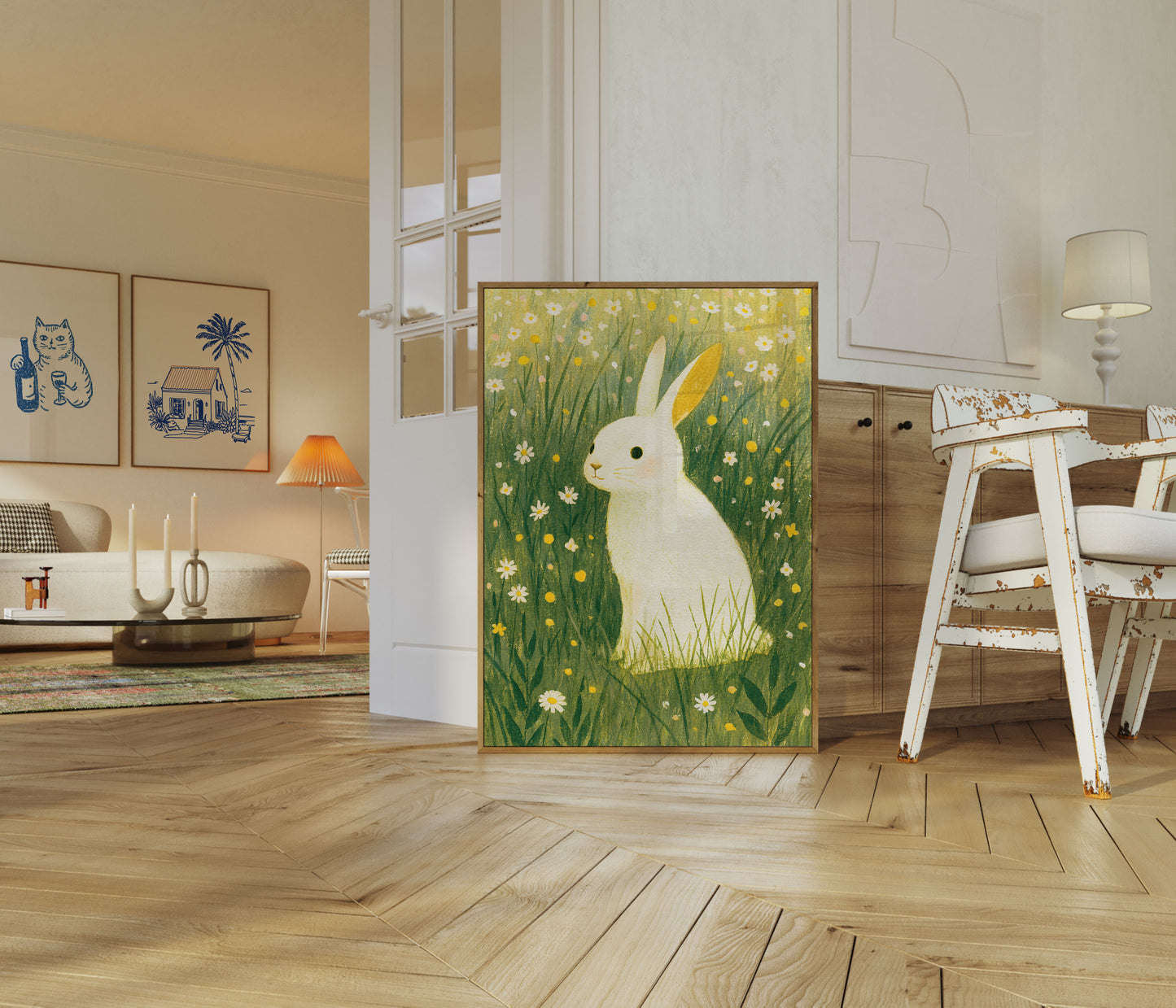 Affiche : Lapin Blanc dans une Prairie Fleurie