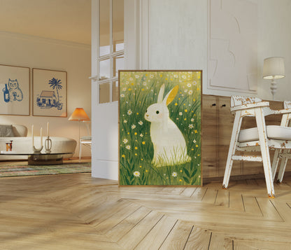 Affiche : Lapin Blanc dans une Prairie Fleurie