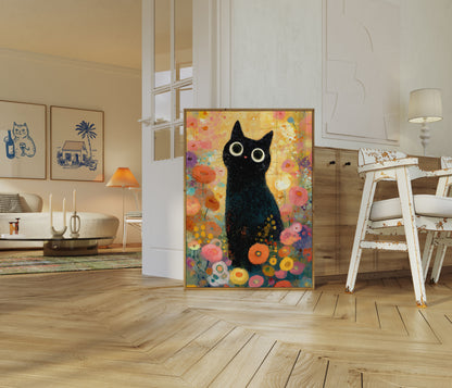 Black Cat in Flower Garden Poster