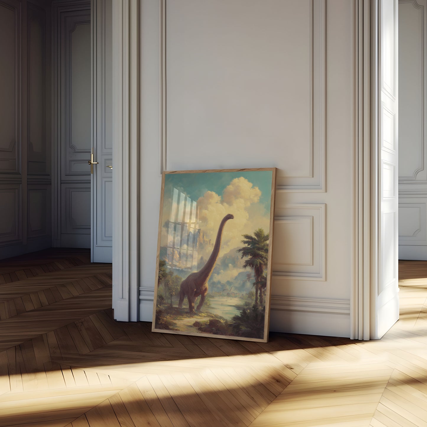 Póster de paisaje de dinosaurios primordiales