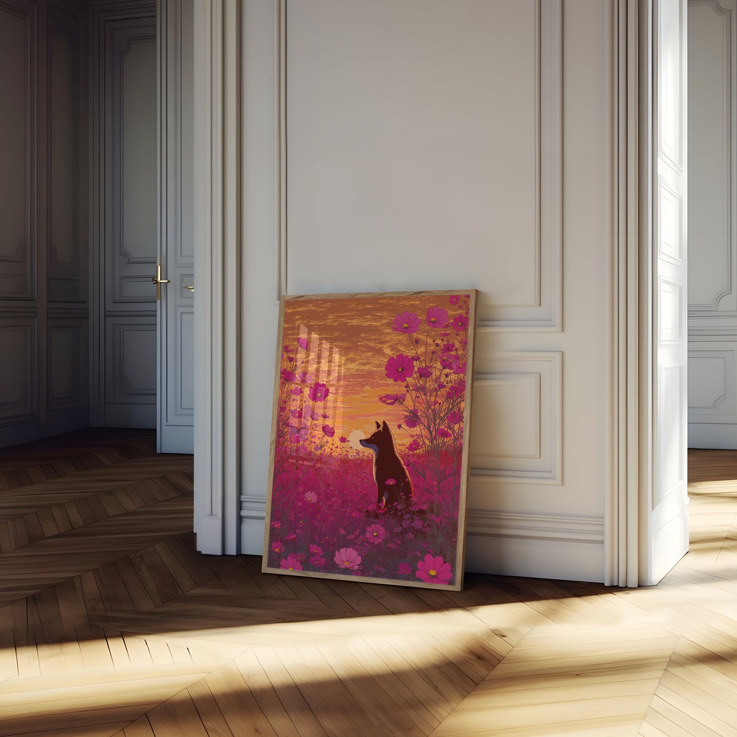 Wolf in Cosmos Flowers Poster