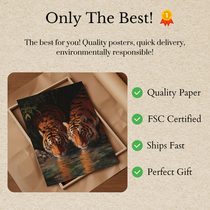 Tigers Drinking at Waterhole Poster