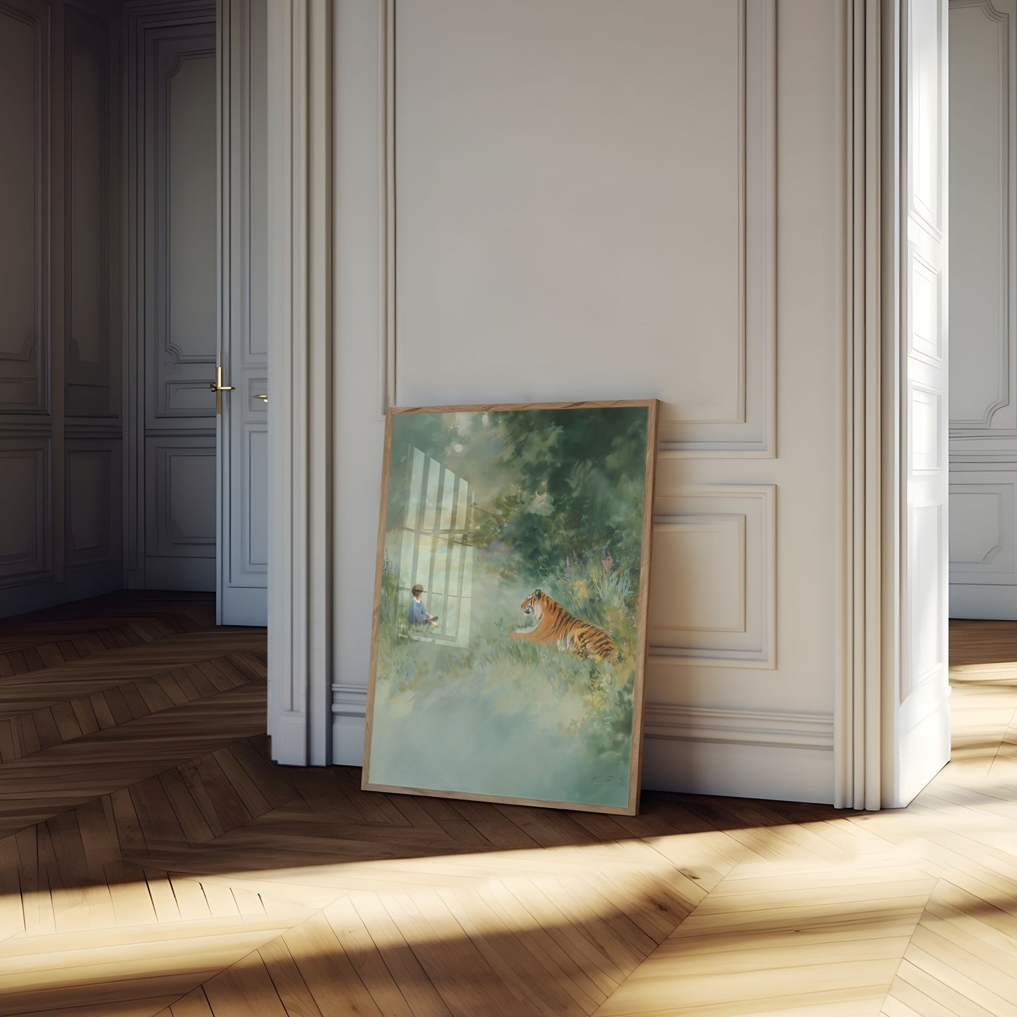 Kind trifft Tiger auf der Wiese Poster