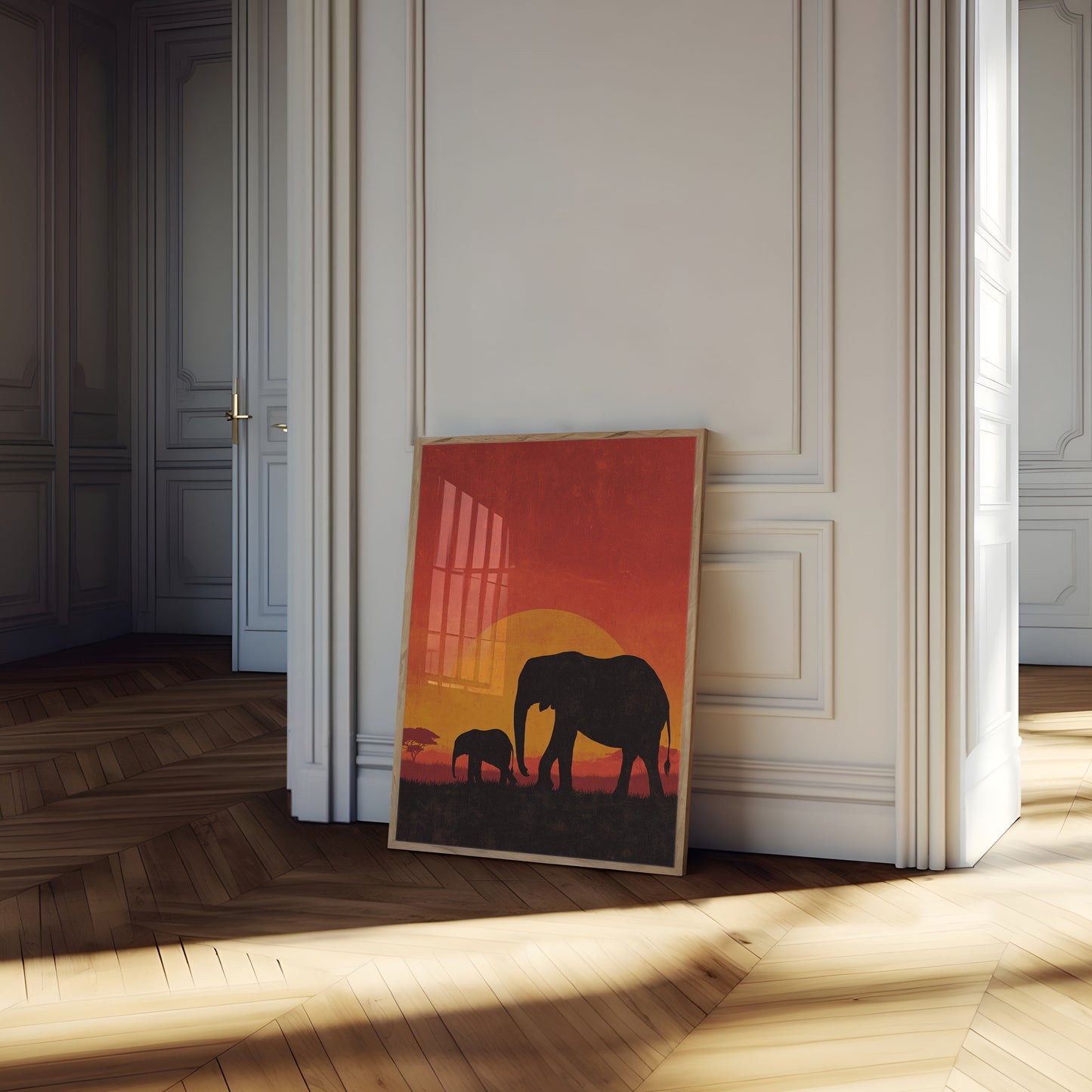 Affiche Coucher de Soleil en Famille d'Éléphants Africains