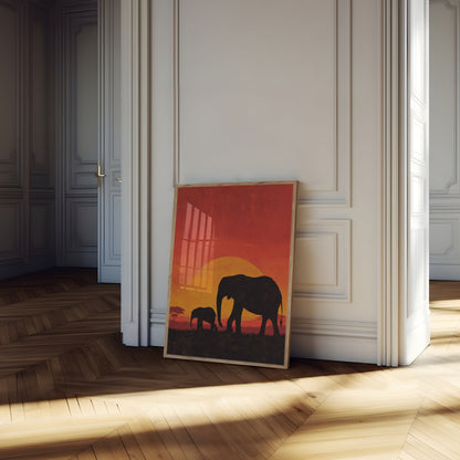 Affiche Coucher de Soleil en Famille d'Éléphants Africains