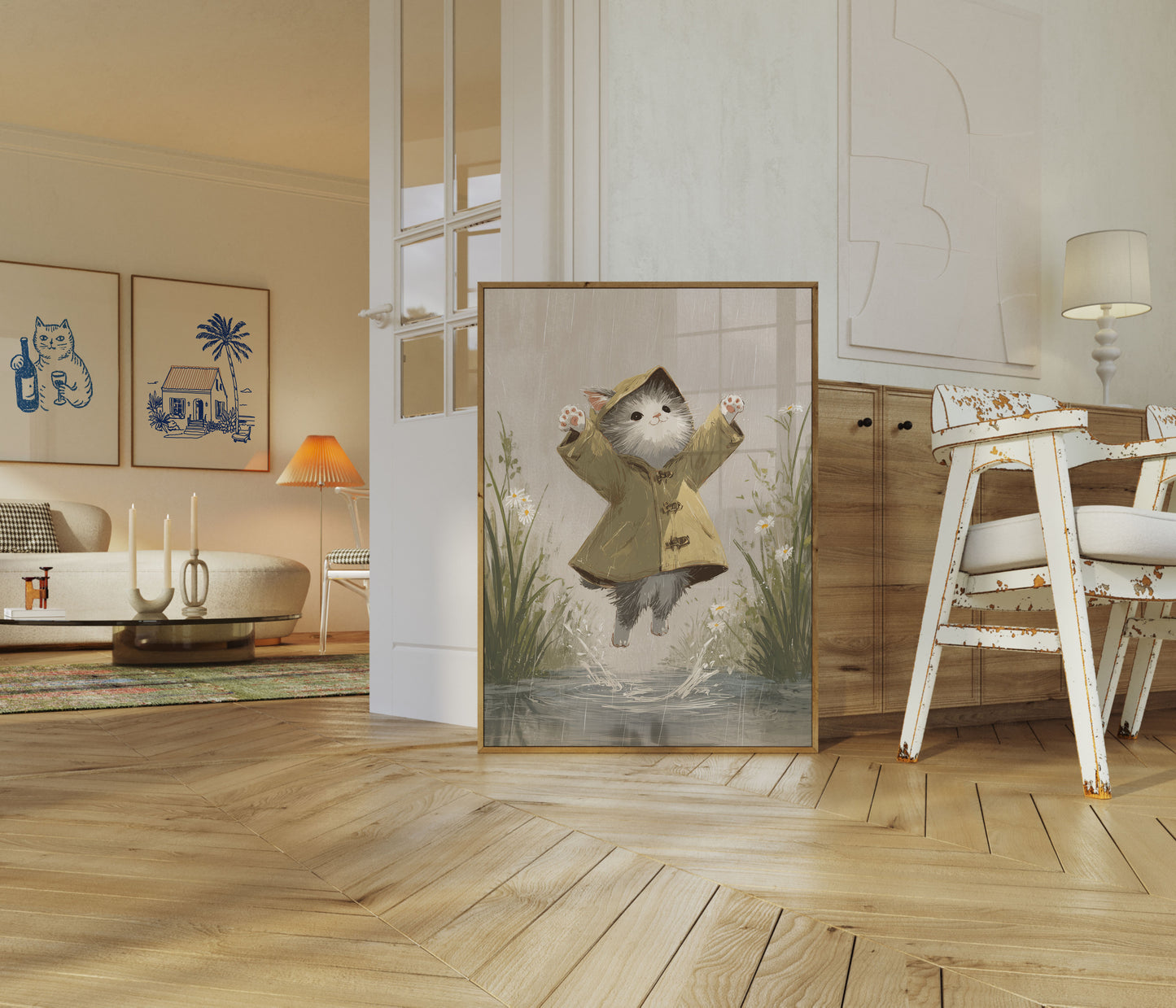 Happy Cat in the Rain Poster