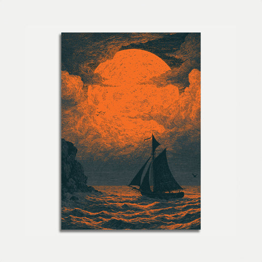 Zeilboot onder oranje maan poster