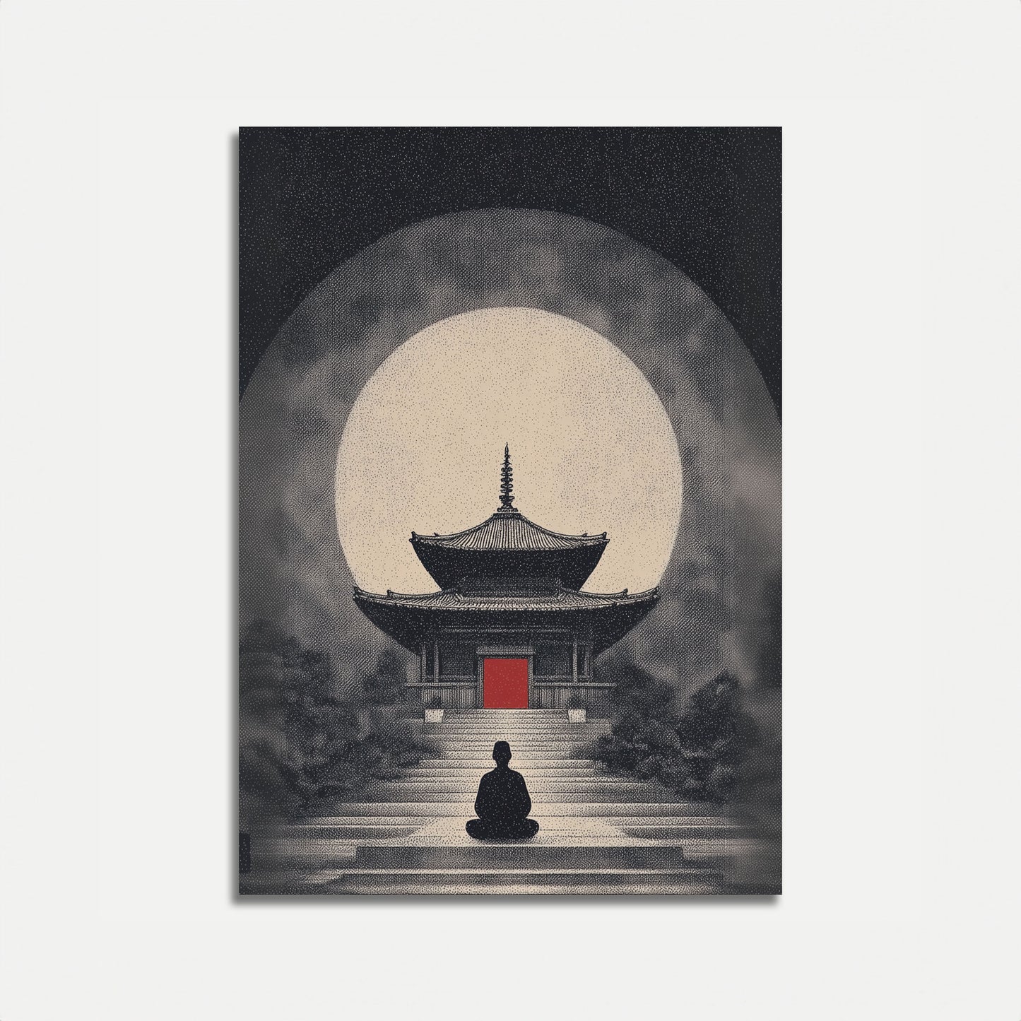 Meditation Temple Under Moonlight Poster