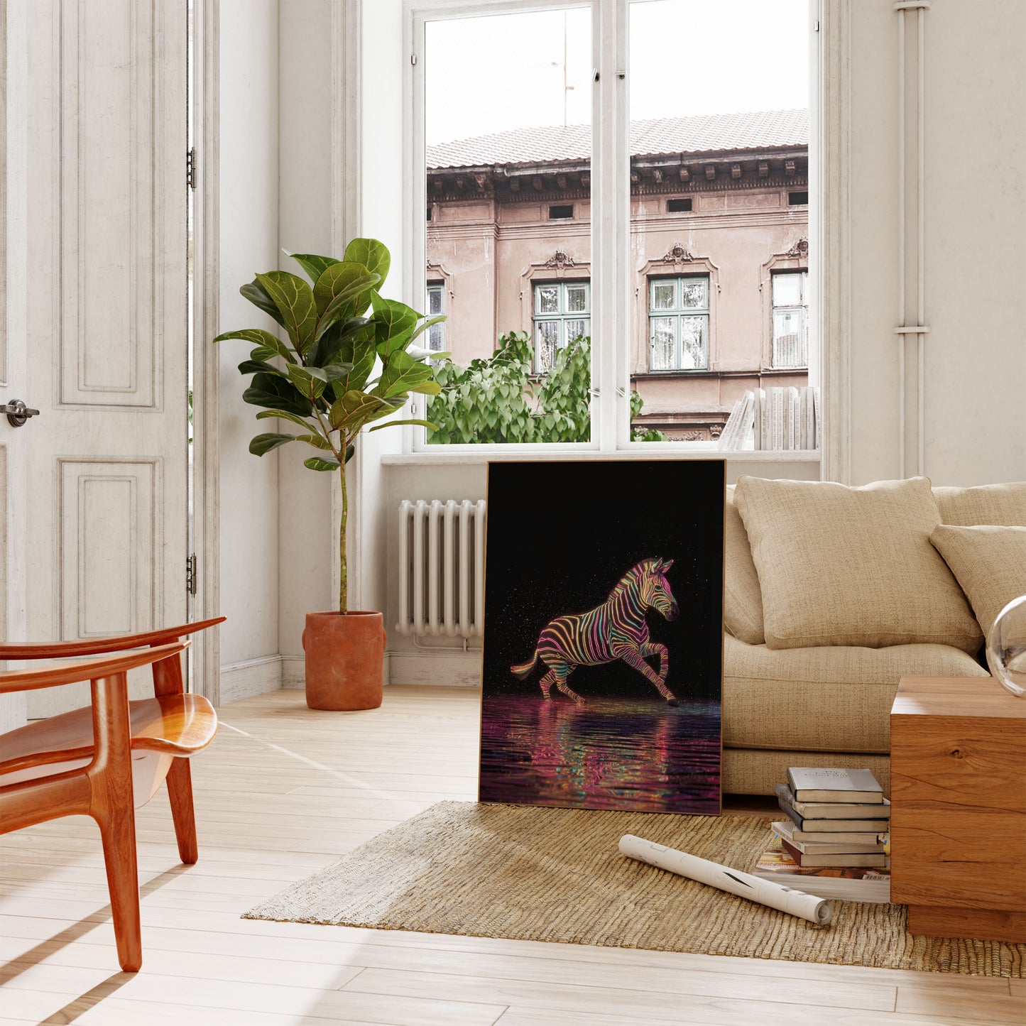 Neon Zebra Leap Poster