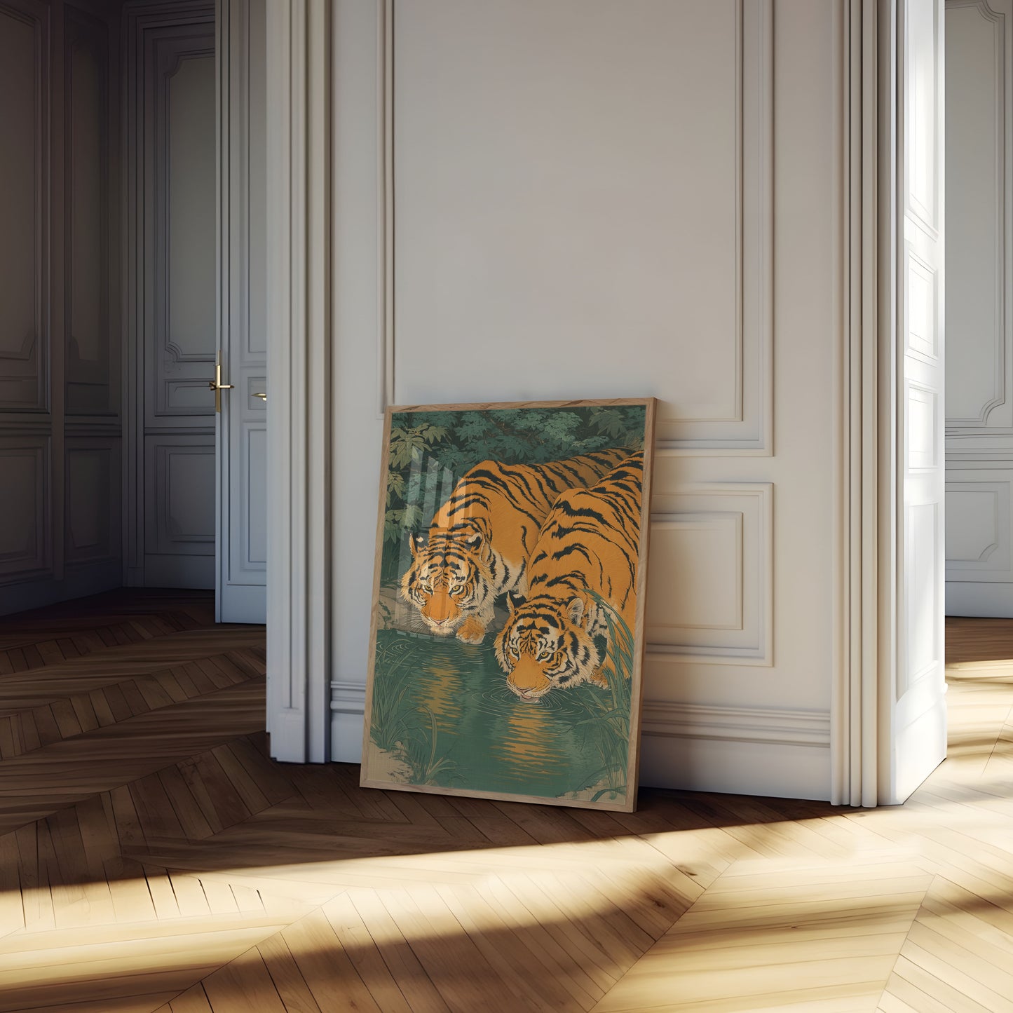 Tiger Family at Watering Hole Poster