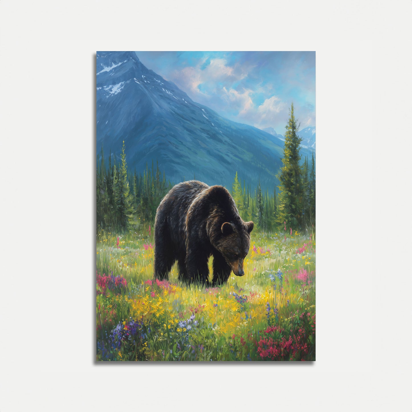 Urso em Prado de Flores Selvagens Alpinas Cartaz