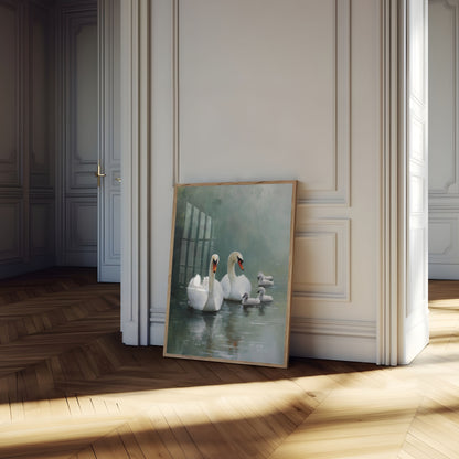 Swan Family on Misty Lake Poster
