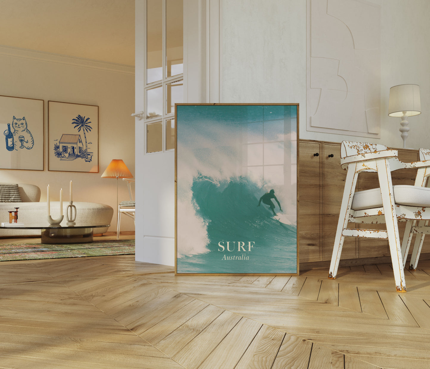 Poster di un surfista su onda turchese