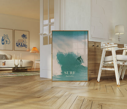 Poster di un surfista su onda turchese