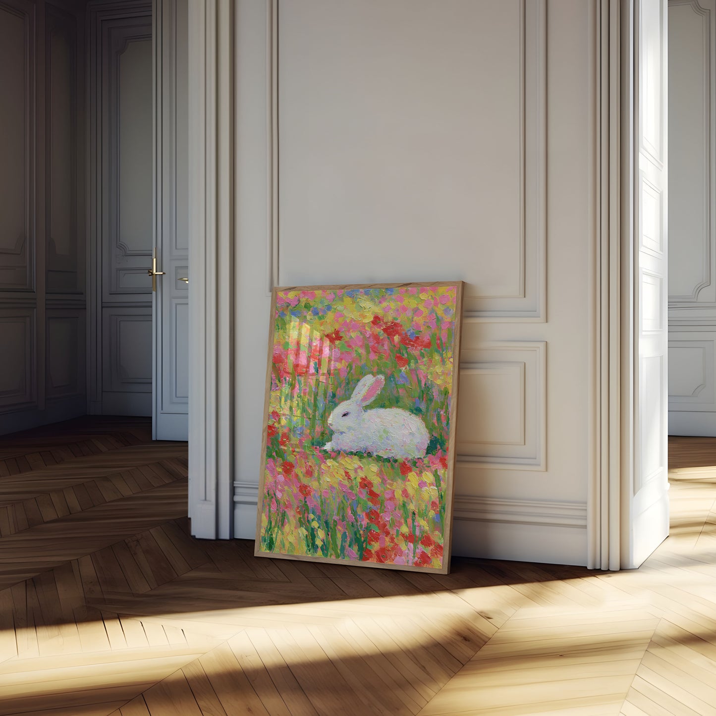 White Rabbit in Flower Field Poster