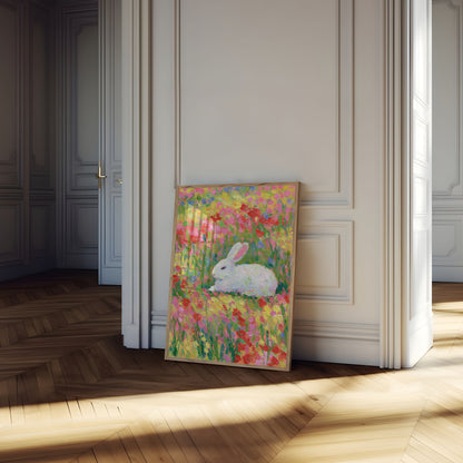 White Rabbit in Flower Field Poster