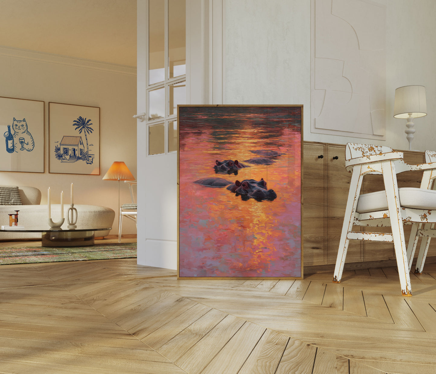 Hippos at Golden Sunset Poster