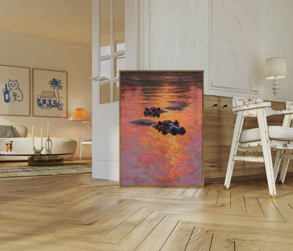 Hippos at Golden Sunset Poster