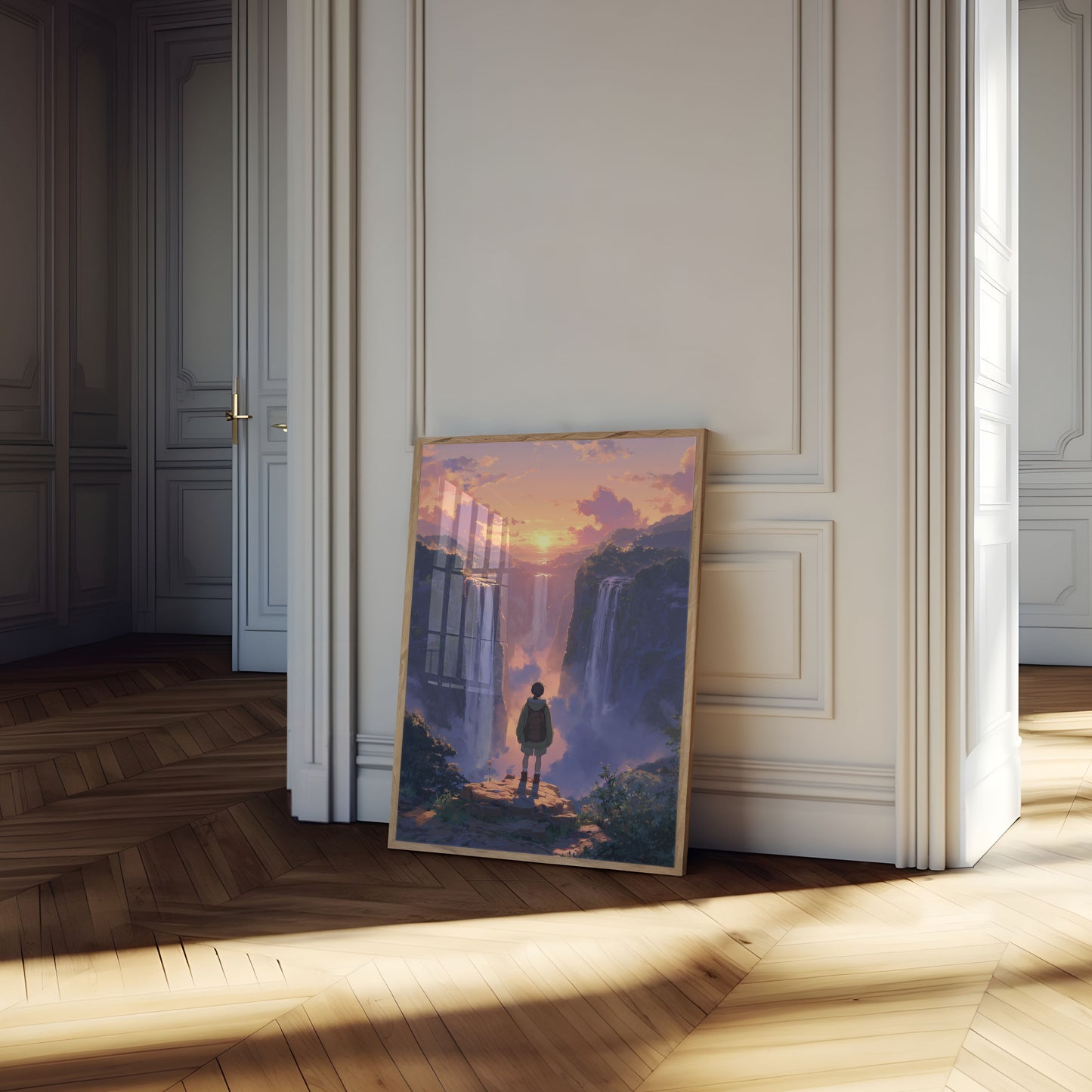 Äventyrare tittar på solnedgång vid vattenfallen Poster