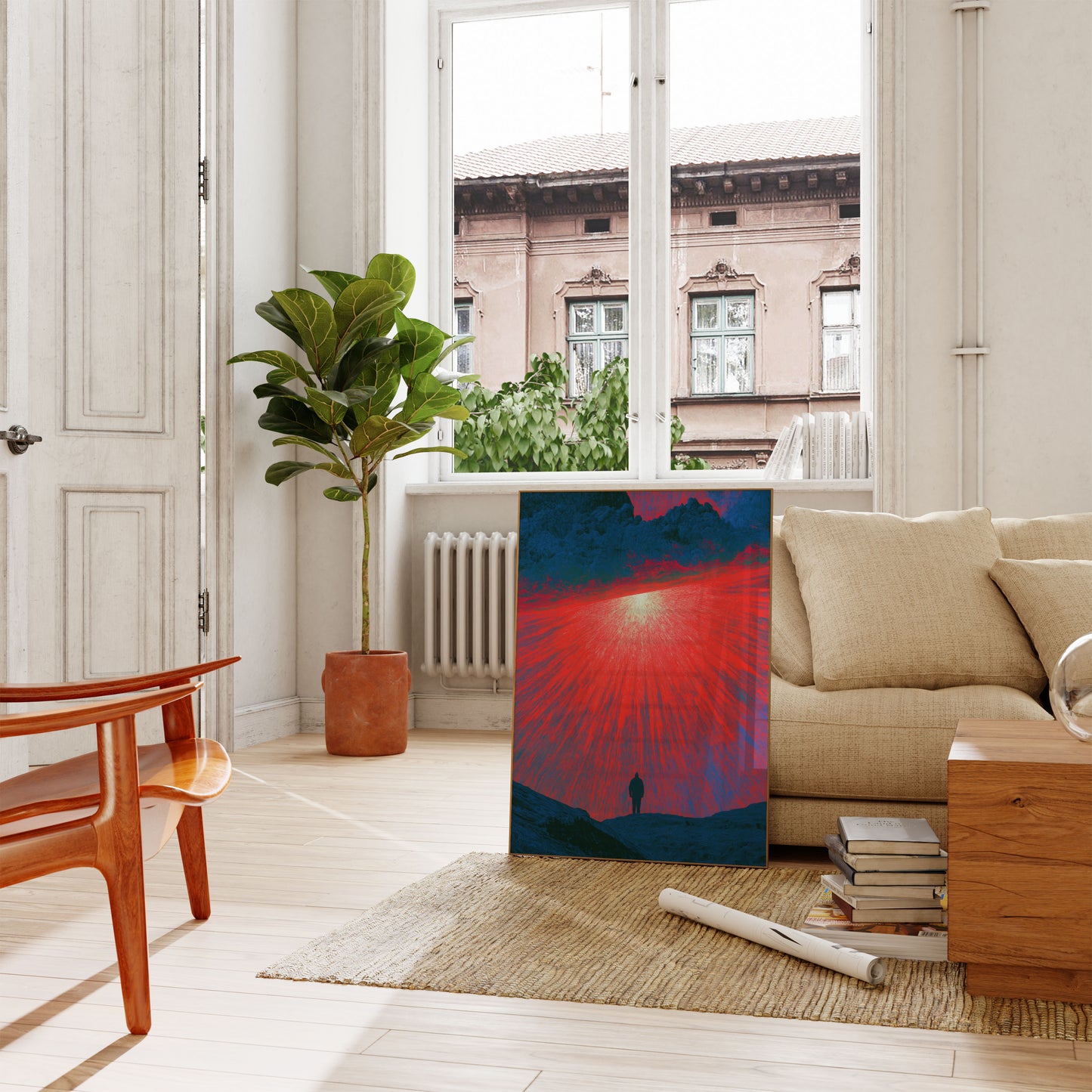 Poster: Figura Solitaria Sotto Cielo Rosso