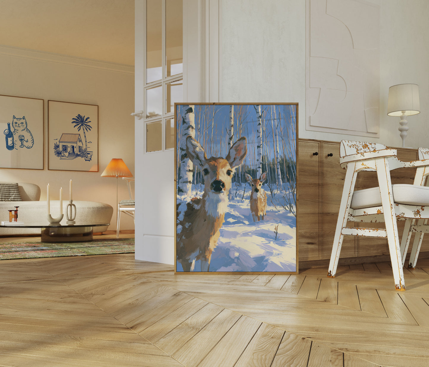 Winter Deer in Birch Forest Poster
