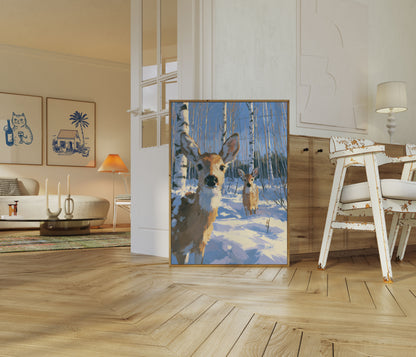 Winter Deer in Birch Forest Poster