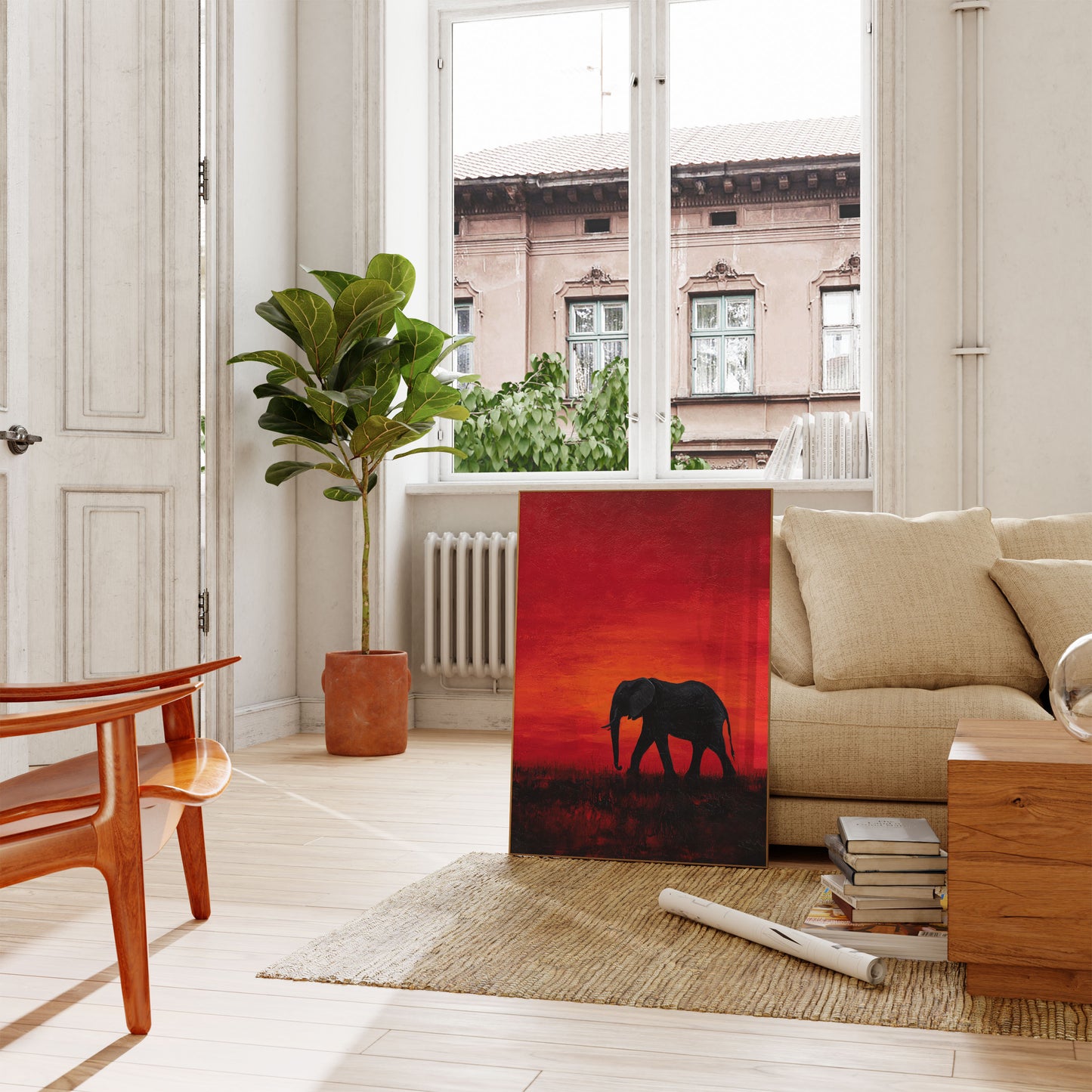 Affiche Silhouette d'Éléphant au Coucher de Soleil