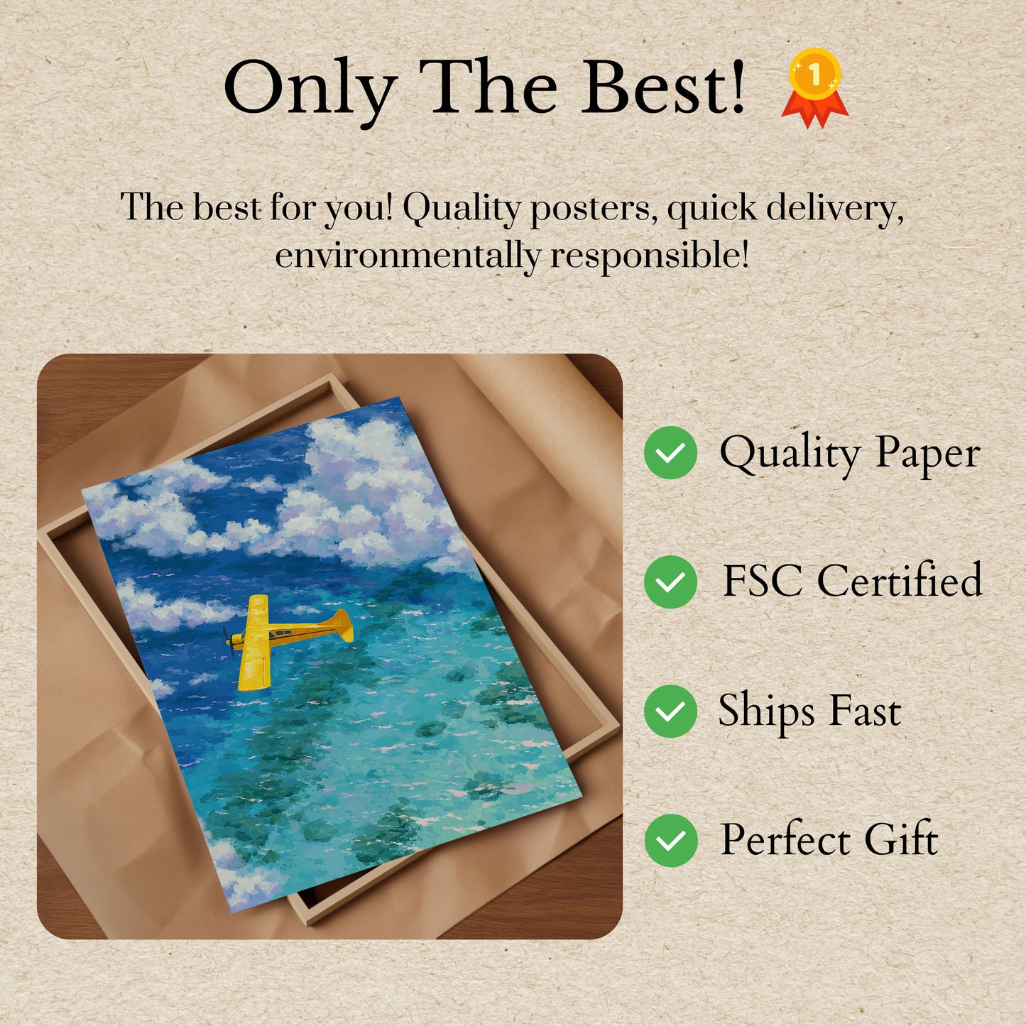 Yellow Seaplane Over Ocean Poster