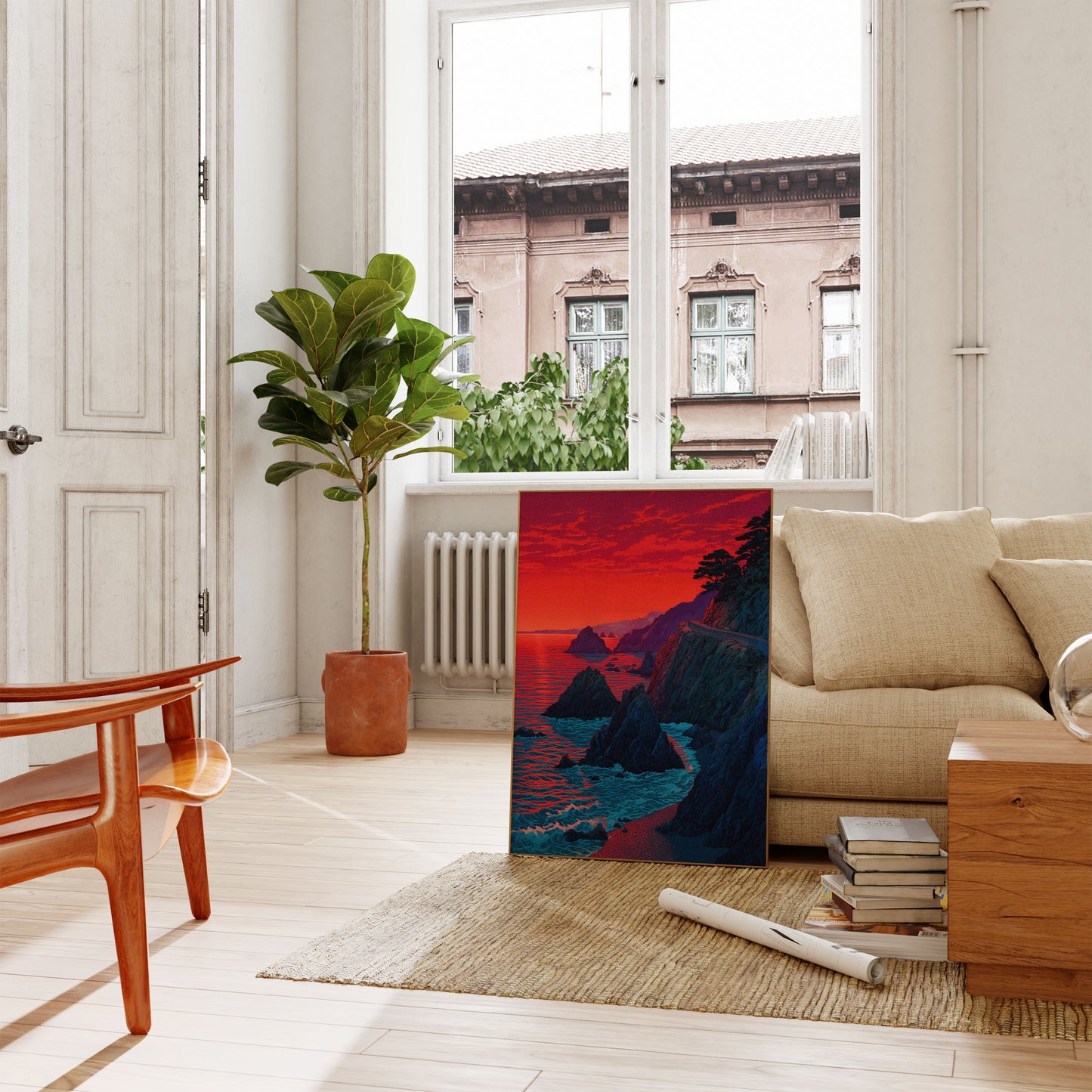 Póster de Acantilados Costeros al Atardecer Carmesí