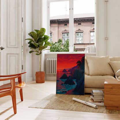 Póster de Acantilados Costeros al Atardecer Carmesí