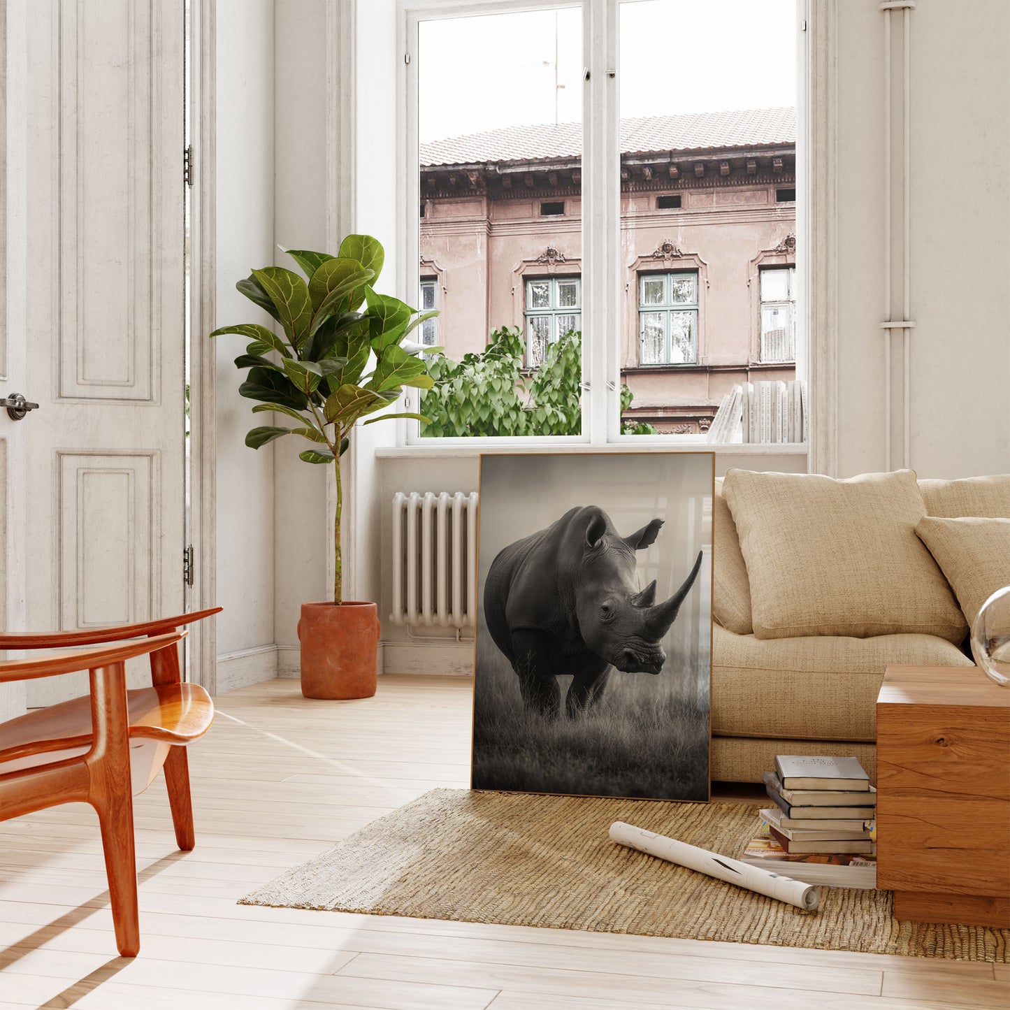 Póster de un majestuoso rinoceronte en la pradera