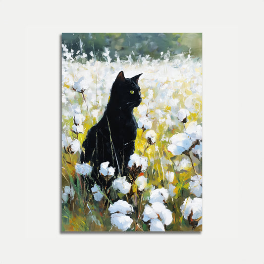 Affiche Chat Noir dans un Champ de Coton