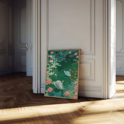 Swans and Lotus Flowers Poster