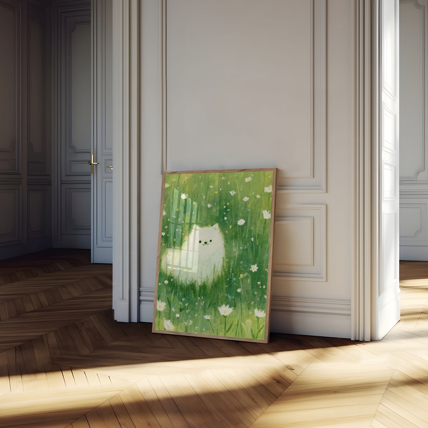 White Cat in Flower Meadow Poster
