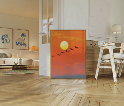 Uccelli che volano al tramonto Poster