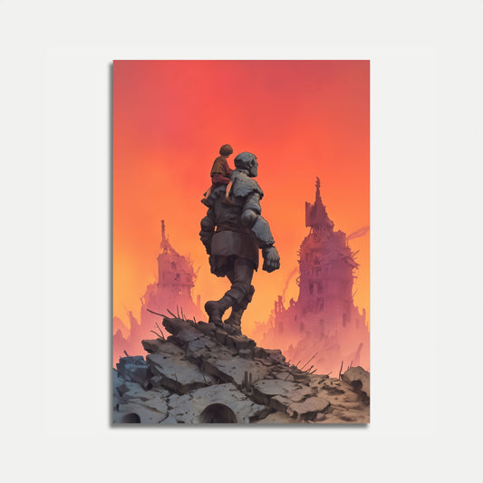 Affisch med jätte och barn i ökenruiner