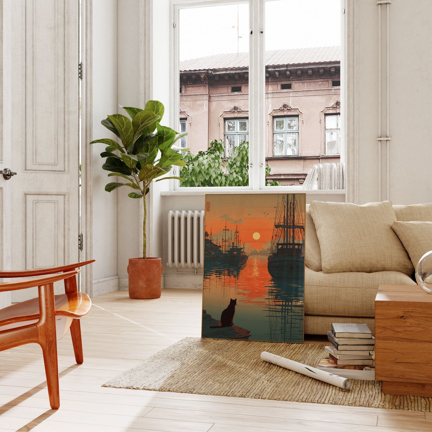 Plakat Kota o Zachodzie Słońca w Porcie