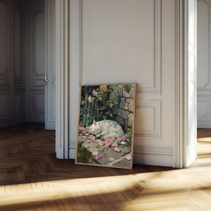 White Cat in Rose Garden Poster