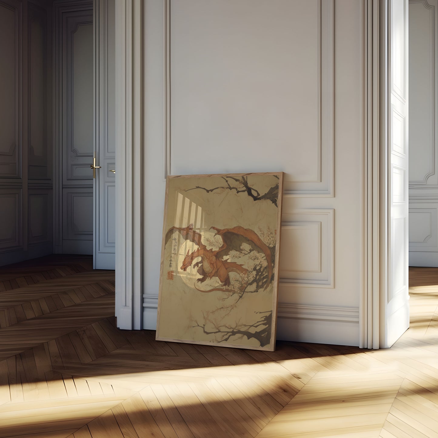 Elegante póster de flor de cerezo con dragón