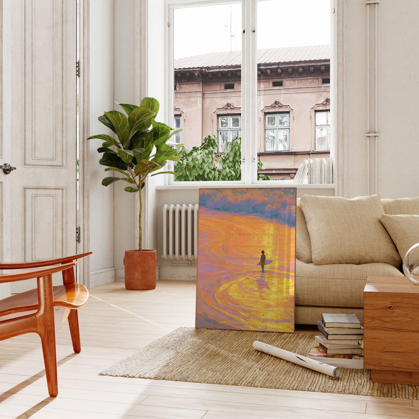 Surfer beobachtet goldenen Sonnenuntergang Poster