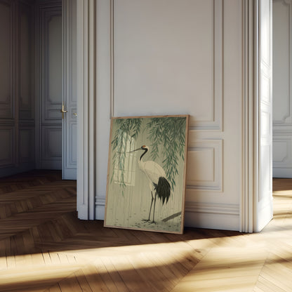 Elegant Crane with Willow Poster