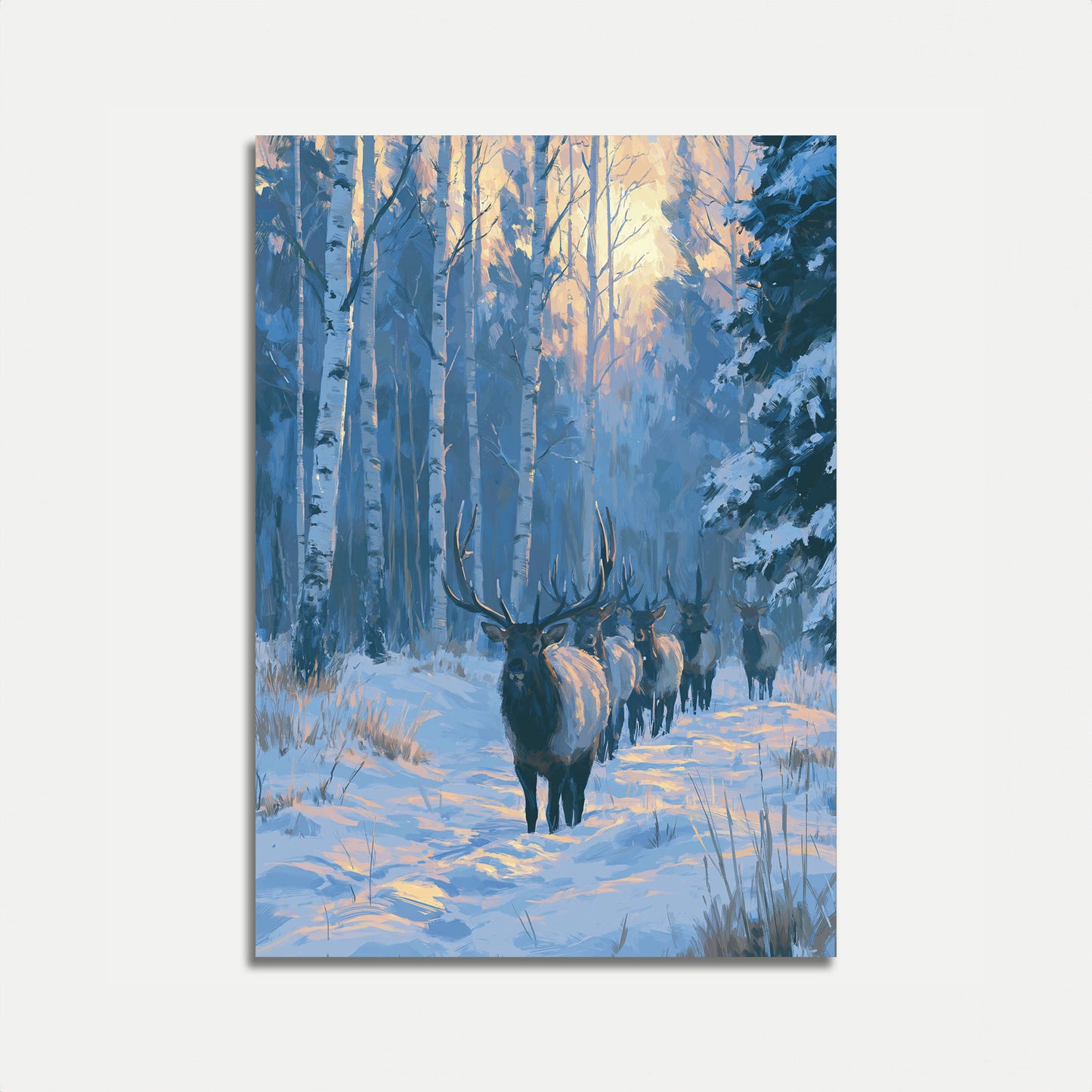 Elk Herd Winter Forest Poster