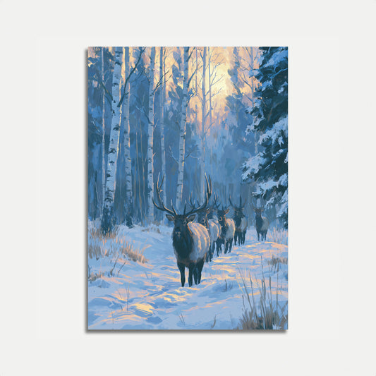 Elk Herd Winter Forest Poster