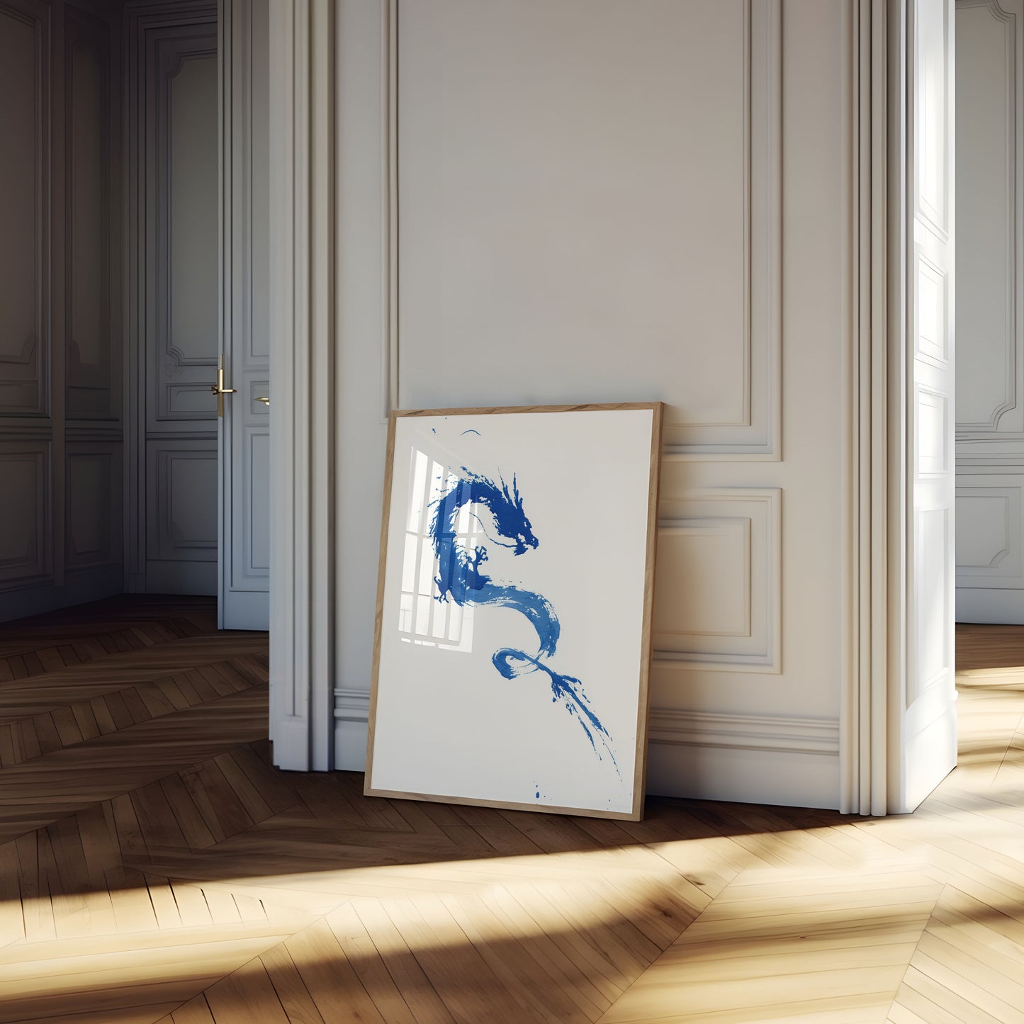 Póster de dragón con pincelada azul