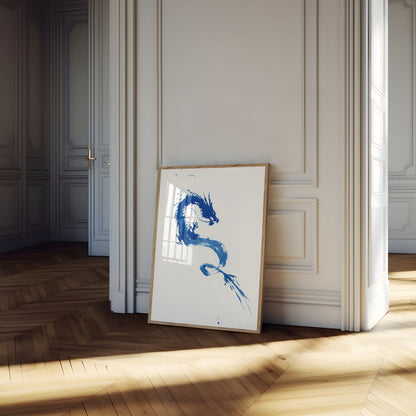 Póster de dragón con pincelada azul