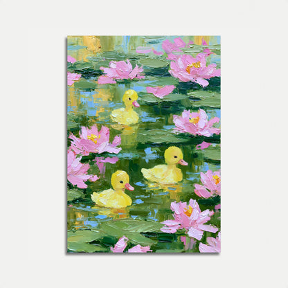 Patitos entre Nenúfares Rosas Póster