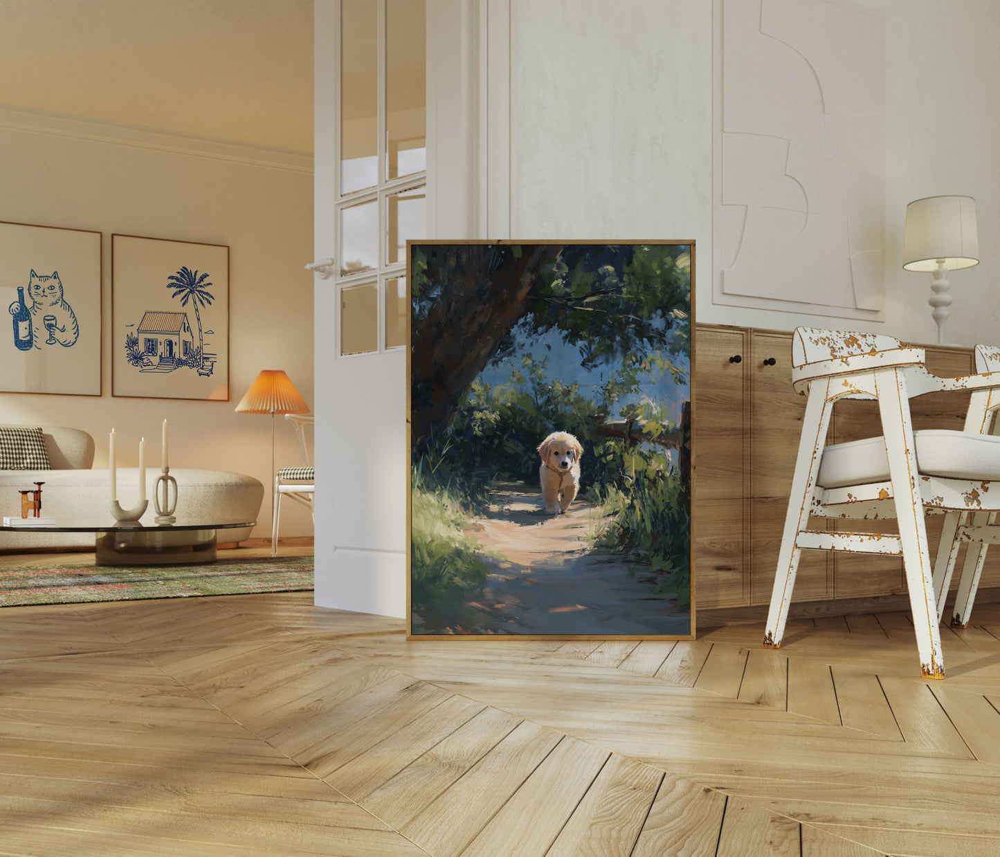 Goldener Welpe Waldweg Poster