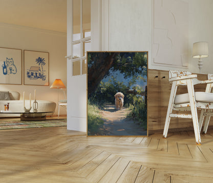 Goldener Welpe Waldweg Poster