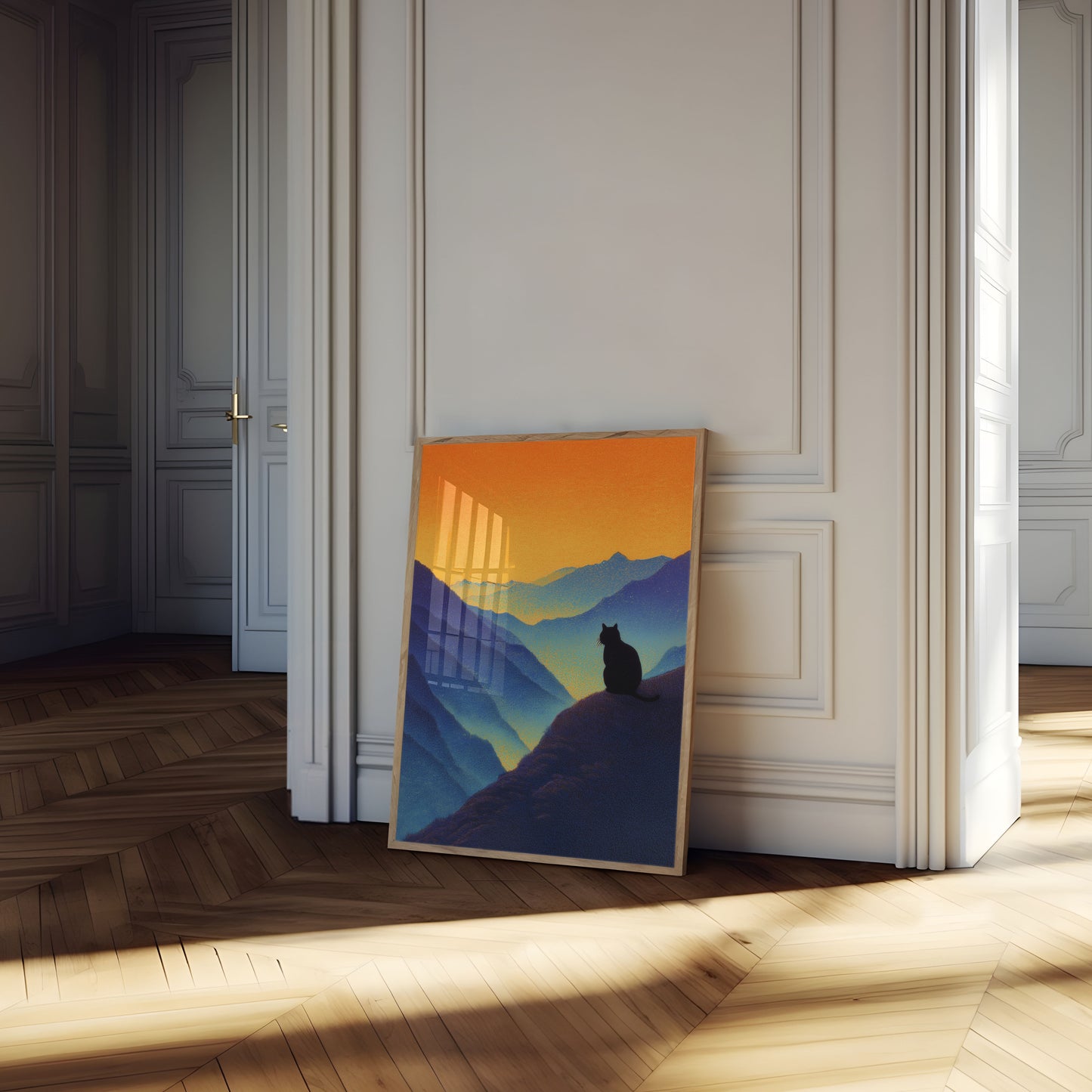 Pôster de Gato Observando o Pôr do Sol na Montanha