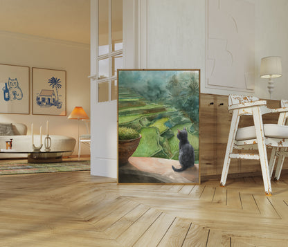 Black Cat Overlooking Rice Terraces Poster